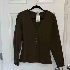 H&M Olive Green V-Neck Button-Front Long Sleeve Top